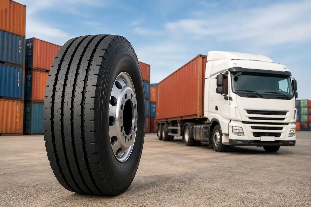 Premium 11R24.5 commercial truck tire shown in an international logistics yard with a semi-truck and shipping containers, representing wholesale tire exports from Thailand to importers, distributors, fleets, and tire dealers in the USA and Canada.