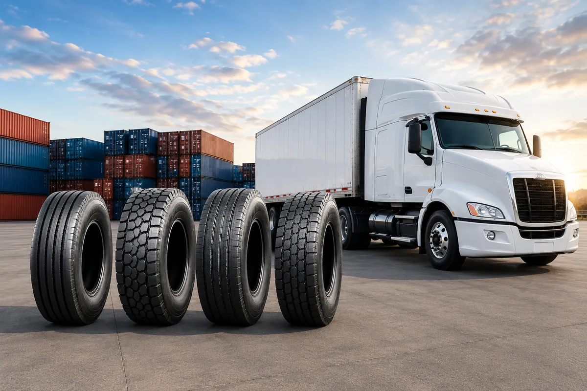 Wholesale 295/75R22.5 commercial truck tires with semi-truck and shipping containers for export from Thailand to the USA and Canada.