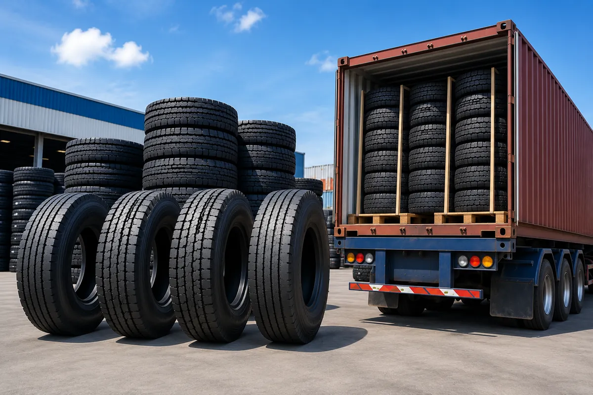 315/80R22.5 commercial truck tires stacked and loaded into a shipping container at a Thailand logistics facility. The image illustrates professional container loading, secure export packaging, and international wholesale truck tire shipping for importers, distributors, fleet operators, and tire dealers in the USA and Canada.
