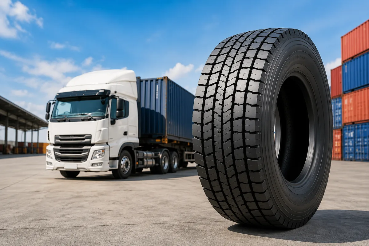 315/80R22.5 commercial truck tire with container truck at a logistics yard in Thailand for wholesale export to the USA and Canada.