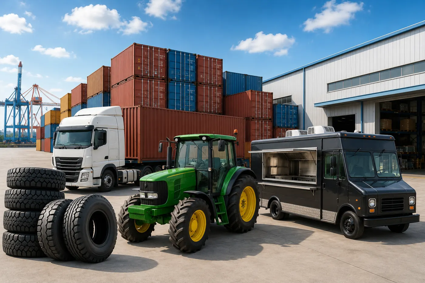 Professional logistics scene featuring commercial truck tires, a cargo truck, a used farm tractor, a fully equipped mobile food truck, shipping containers, and a modern warehouse. Auto Tires Co supplies wholesale truck tires, used car engines, used farm tractors, and mobile food trucks with worldwide export from Thailand.