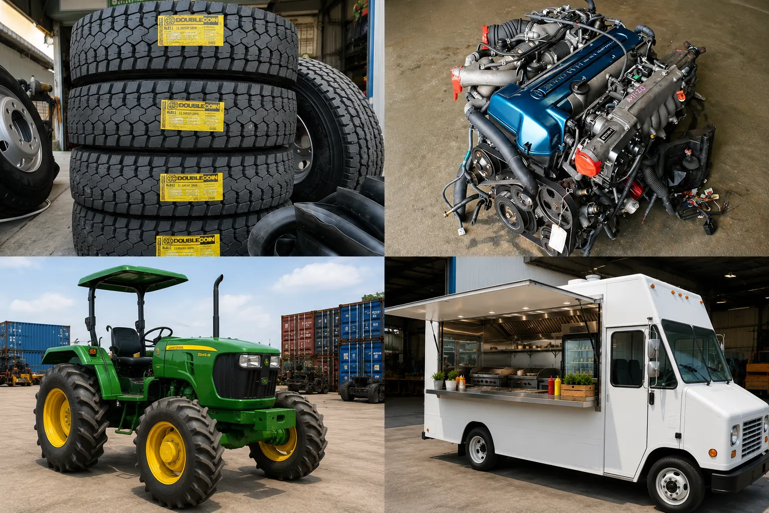 Commercial truck tires, quality-tested used car engines, used farm tractors, and custom mobile food trucks available for wholesale and international export from Thailand.