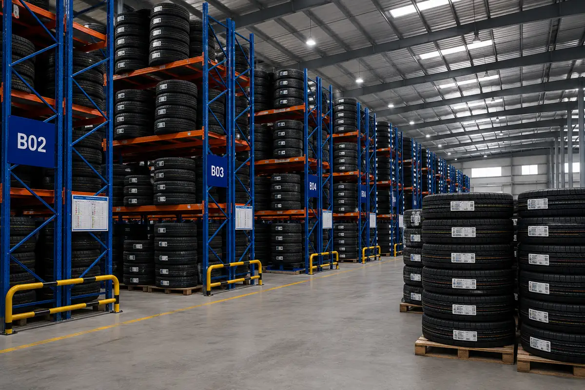Commercial truck tires stored in a modern warehouse with organized racking for wholesale distribution and export from Thailand to the USA and Canada.