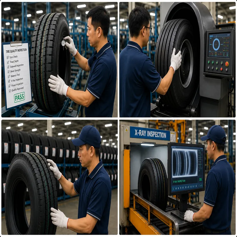 Professional factory quality inspection of commercial truck tires, including tread depth measurement, visual inspection, dimensional checks, and X-ray inspection before wholesale export from Thailand to customers in the USA and Canada.