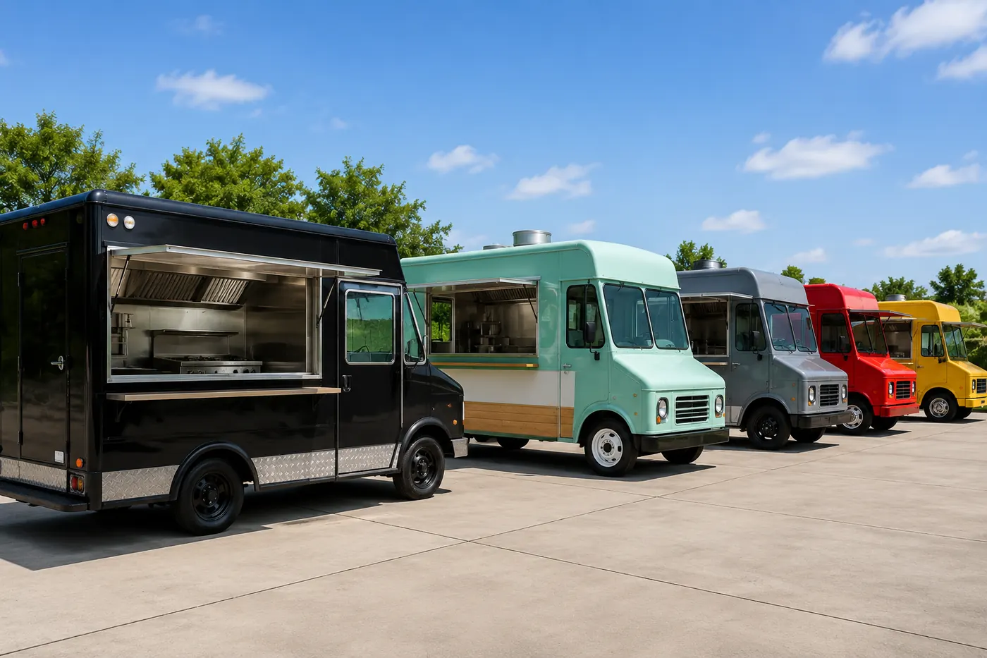 Professional lineup of fully equipped mobile food trucks in various sizes and colors, parked in a clean commercial lot under bright daylight. Auto Tires Co supplies quality mobile food trucks for entrepreneurs, distributors, and wholesale buyers with worldwide export from Thailand.