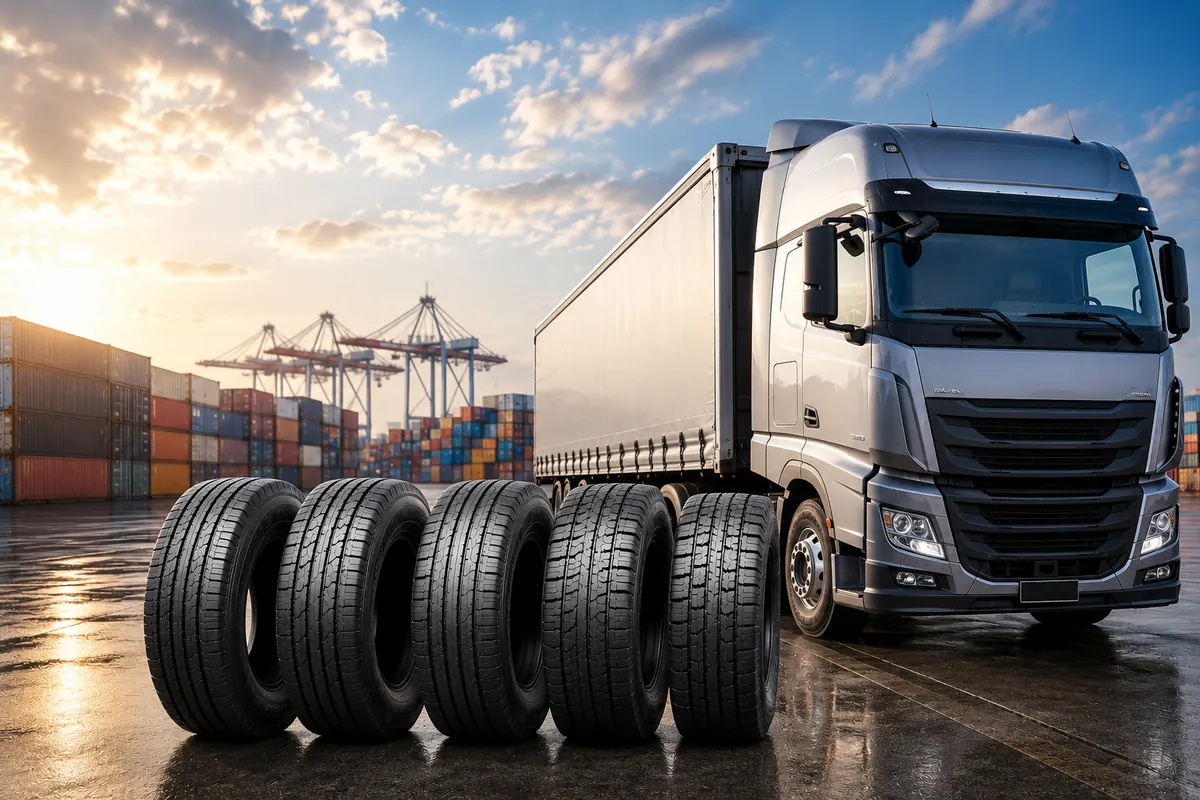 Wholesale commercial truck tires displayed with a semi-truck at an international shipping port for export from Thailand to the USA and Canada.
