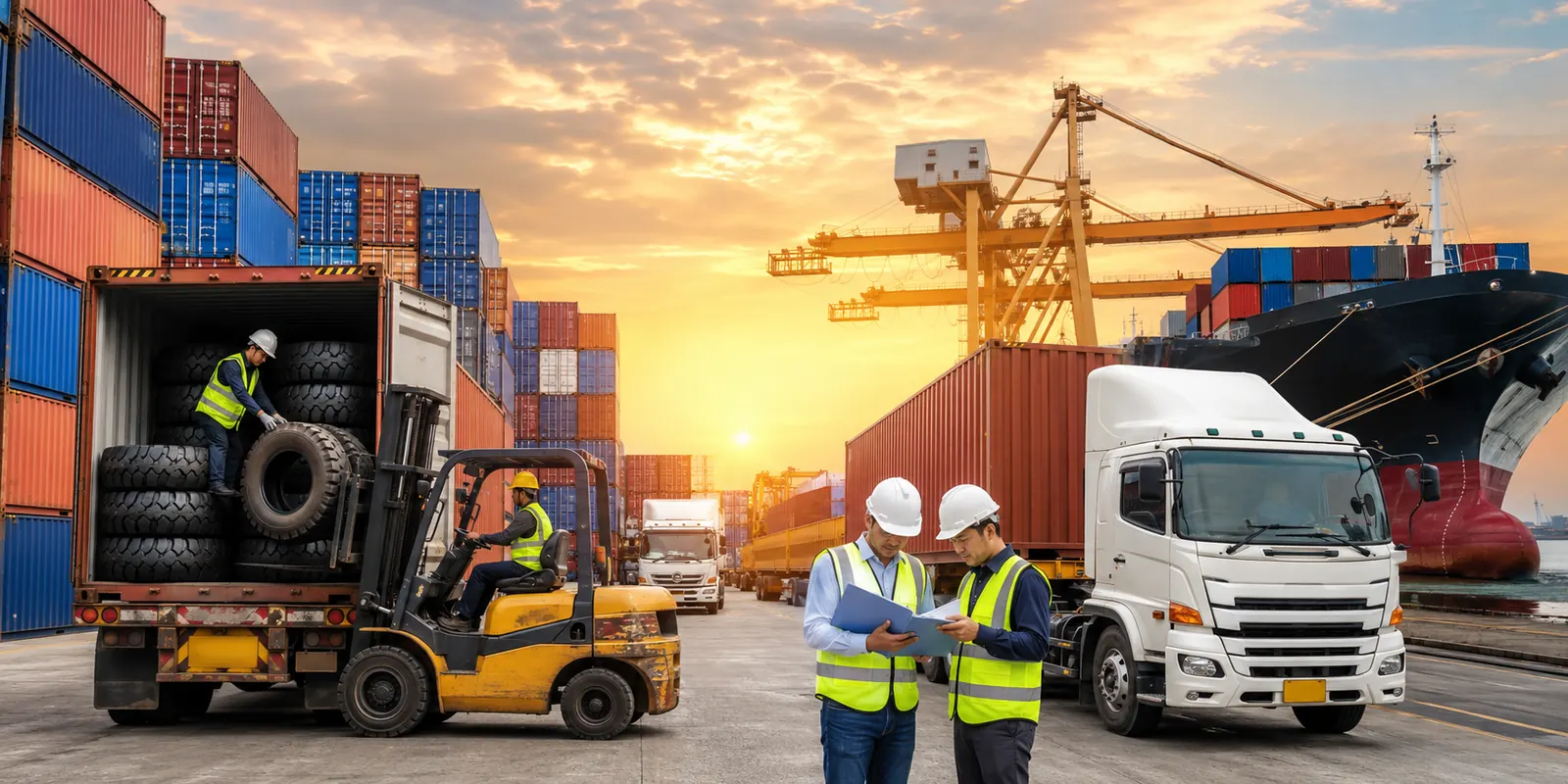 Panoramic export logistics scene showing commercial truck tires being loaded into shipping containers, forklifts, cargo trucks, a container vessel, and export staff managing international shipments for worldwide wholesale distribution.